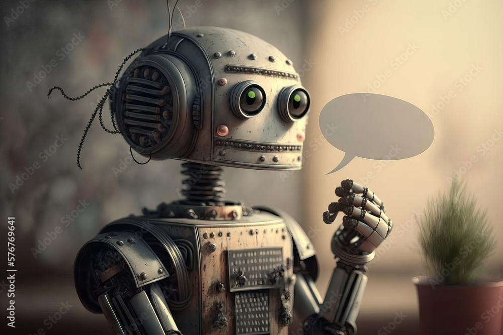 Aufkleber robot with speech bubble, retro toned, artificial intelligence concept. generative ai