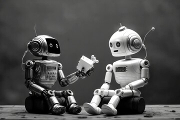 Fototapeta premium Two robots sitting on a wooden table. Black and white photo. Generative AI
