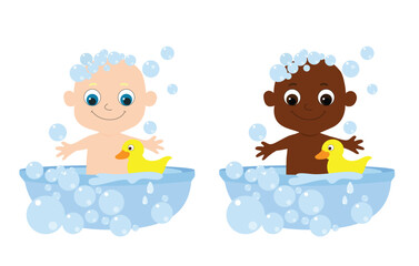 Set little cute baby bathes in a bathtub with soap bubbles and a yellow rubber duck. The child smiles happily. Cartoon character in flat style isolated on white background.