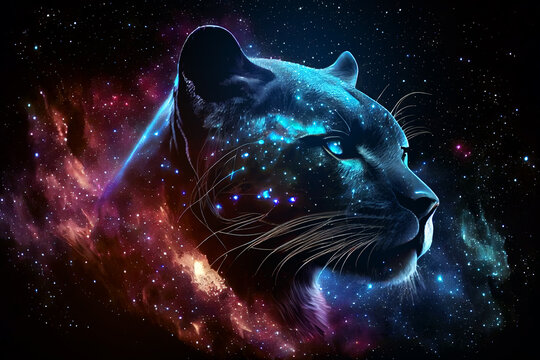 Beautiful heavenly panther at universe full of stars on black background. 
Digitally generated AI image