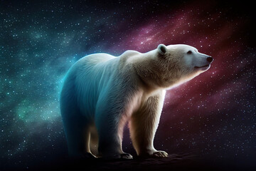 Obraz na płótnie Canvas Majestic heavenly polar bear at universe full of stars on black background. Digitally generated AI image