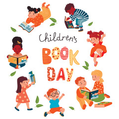 Fototapeta premium Children's Book Day poster with kids.Happy characters with storybooks, handwritten text, lettering and leaves.Set of vector clip art on white background.Happy childhood.Cartoon flat illustration.