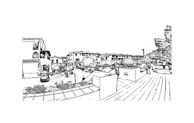 Building view with landmark of Porto Cervo is the 
comune in Italy. Hand drawn sketch illustration in vector.