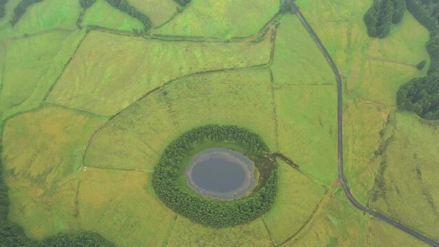 Aerial view of Lagoa Pau Pique on Terceira Island. Azores archipelagos, Portugal.