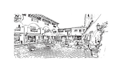 Building view with landmark of Porto Cervo is the 
comune in Italy. Hand drawn sketch illustration in vector.