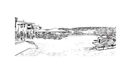 Fototapeta na wymiar Building view with landmark of Porto Cervo is the comune in Italy. Hand drawn sketch illustration in vector.