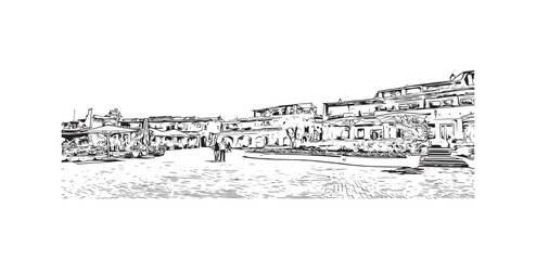 Obraz premium Building view with landmark of Porto Cervo is the comune in Italy. Hand drawn sketch illustration in vector.