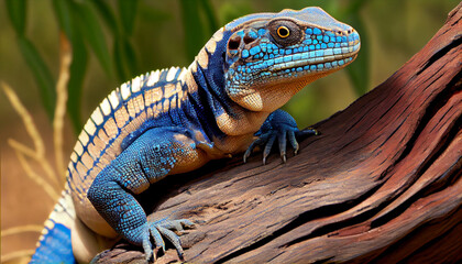 A blue-tongued lizard on a tree trunk generative AI