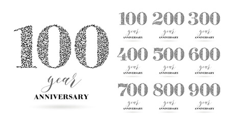 A set of logo designs from 100 to 900 years old. Number consists of a leaf pattern, no gradient fill. Anniversary logo design for holiday event, invitation, greeting, party, fashion, entertainment