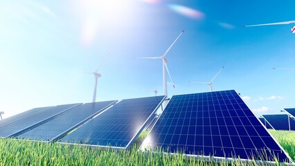 Panoramic view of wind farm or wind park, with high wind turbines for generation electricity with copy space. green energy concept. 3d rendering.