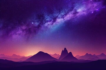 Landscape with purple Milky Way. Night sky with stars and hills at summer. Beautiful universe. Space background. Generative AI