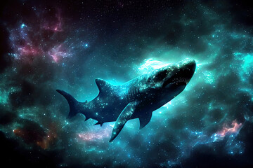 Obraz na płótnie Canvas Aesthetic heavenly shark at universe full of stars on black background. Digitally generated AI image