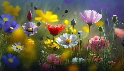 A Gorgeous, Majestic, Beautiful, Colorful Flower Meadow in Spring Time, Outdoor. Generative AI