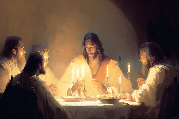 Painting of Jesus Christ and the apostles at the last supper - Ai generative - obrazy, fototapety, plakaty