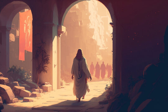 Painting of a Biblical scene of Jesus entering Jerusalem - Ai generative