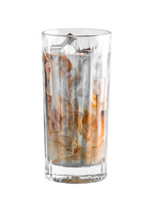 Isolated glass with cold coffee and ice on a white background