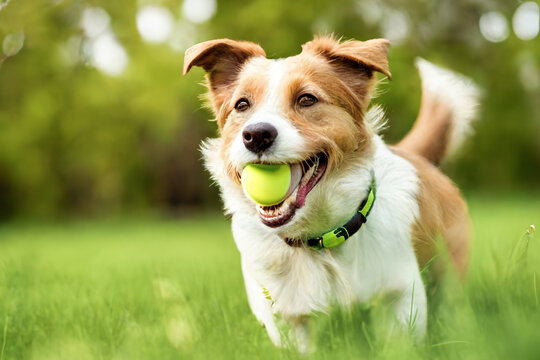pappy smiling dog playing with tennis ball on spring fresh grass wearing anti flea and tick collar Generative AI