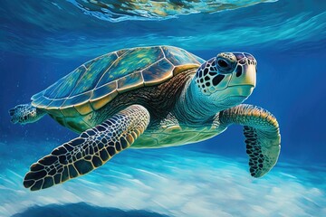 Fototapeta premium We see a sea turtle swimming in blue water. Underwater photo of a friendly turtle species. a marine mammal in its natural habitat Do something fun during the summertime. Dive or snorkeling banner layo