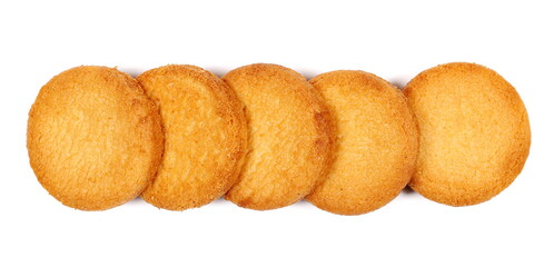 Shortbread biscuits pile, breton style, close up tea pastry with butter isolated on white, top view