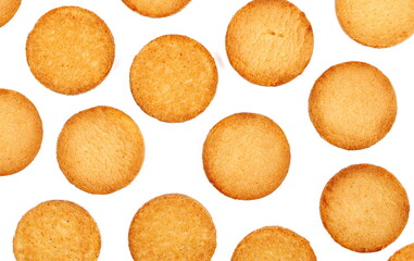 Shortbread biscuits pattern, breton style, close up tea pastry with butter isolated on white, texture - obrazy, fototapety, plakaty