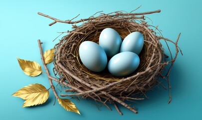 Naklejka na ściany i meble a nest with four blue eggs sitting on top of a blue surface next to a leafy branch and a single yellow leaf on the side of the nest. generative ai