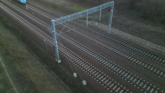 Long-distance train Pendolino in Poland. Aerial view. 