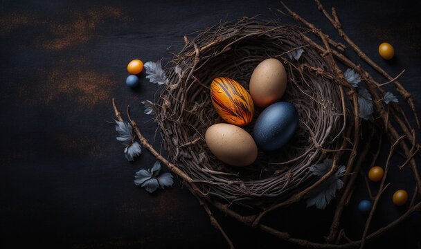  a nest with three eggs in it on a black surface with leaves and berries around it, with an orange and yellow painted egg in the center.  generative ai
