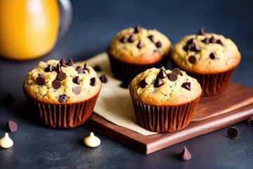 Delicious Chocolate Chip Muffins: Moist and Tempting Baked Goods with Dripping Chocolate and Choco Chips, Perfect for Chocolate Lovers and Snack Time
