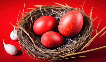  three red eggs in a nest on a red background with two white eggs in the center of the nest and one white egg in the middle of the nest.  generative ai