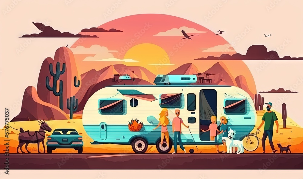 Wall mural a group of people standing next to a camper in the desert with a dog and a horse on a leash in front