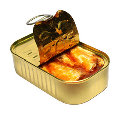 Closeup top view open can of preserve food, Mackerel in tomatoes sauce in golden square cans...