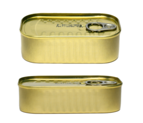Set of Preserve food canned in Golden metal square tin cans for food can mock up. Food can with blank label isolated on white.