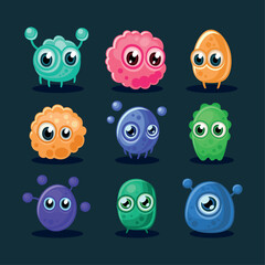 Cute Bacteria, Microbes and Viruses with Eyes Icons Set. Vector