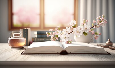 Cherry Blossoms with Book on Table. Spring Theme. Generative AI.