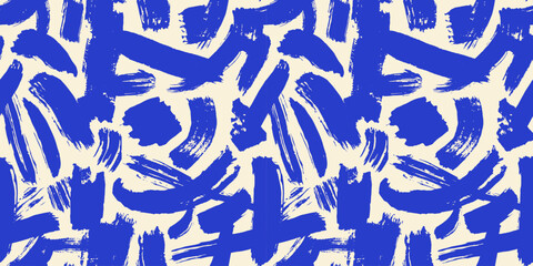 Abstract brush stroke painting seamless pattern illustration. Modern paint line background in blue color. Messy graffiti sketch wallpaper print, rough hand drawn texture. © Dedraw Studio