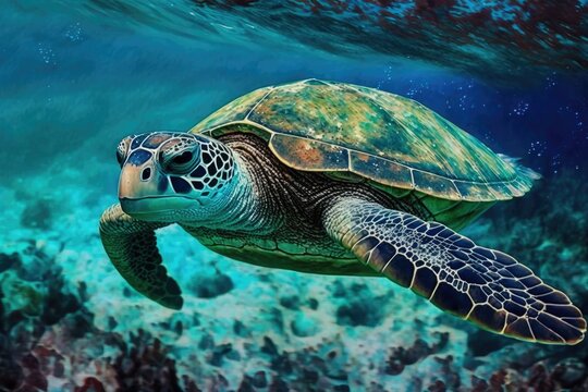 Snuggling sea turtle in the clear blue water of the tropics. Images of a green sea turtle taken while underwater. An untammed sea mammal in its native habitat. A coral reef animal that is critically e