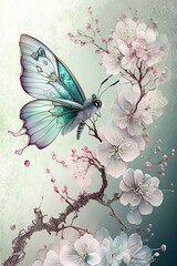 Butterfly with Cherry Blossoms on Soft Fairy Mist Background. Spring Theme. Generative AI.