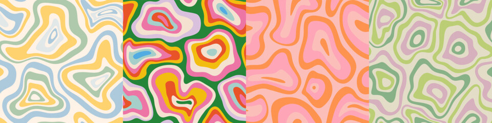 Abstract retro psychedelic seamless pattern illustration with colorful trippy shapes in vintage art style. 60s hippie wallpaper print set, groovy melting background design collection.