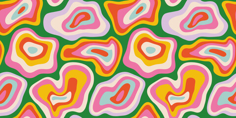 Fototapeta premium Abstract retro psychedelic seamless pattern illustration with colorful trippy shapes in vintage art style. 60s hippie wallpaper print, groovy melting background design.