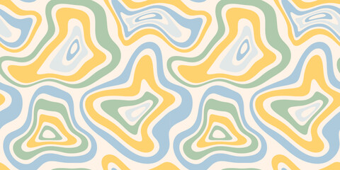 Abstract retro psychedelic seamless pattern illustration with colorful trippy shapes in vintage art style. 60s hippie wallpaper print, groovy melting background design.