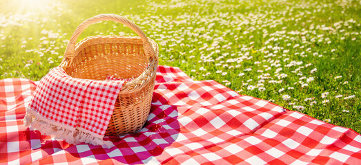 Picnic duvet with empty bascket on the meadow in nature.