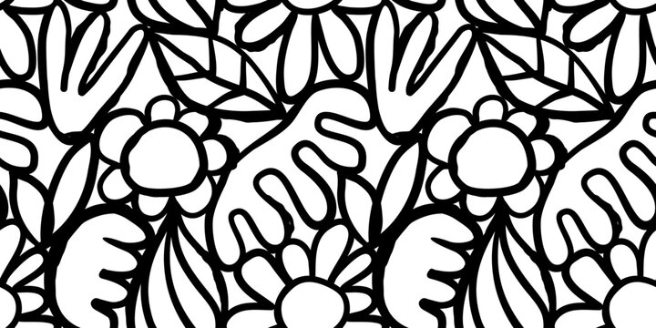 Abstract watercolor flower nature art seamless pattern illustration. Modern hand drawn floral painting, spring acrylic paint drawing background. Black and white flowers wallpaper print.
