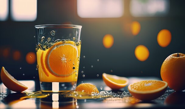  a glass of orange juice surrounded by orange slices and water droplets on a dark surface with sunlight shining through the window behind the glass,.  generative ai