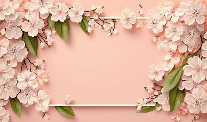 Frame With Spring Flowers on Pink Background. Spring Theme. Generative AI.