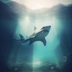 Great White on deep blue ocean background, Generative Ai