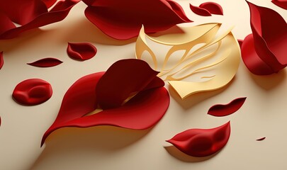  a bunch of red petals on a white surface with a gold object in the middle of the petals and petals on the ground, with a white background.  generative ai