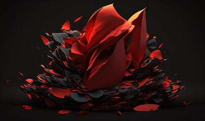  a red and black object with many pieces of red and black material around it on a black surface with a black background and a black background.  generative ai