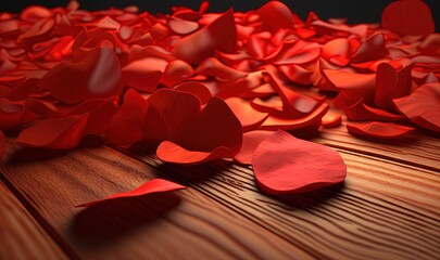  a wooden table topped with lots of red paper hearts and petals on top of a wooden floor with a black background and a red light.  generative ai