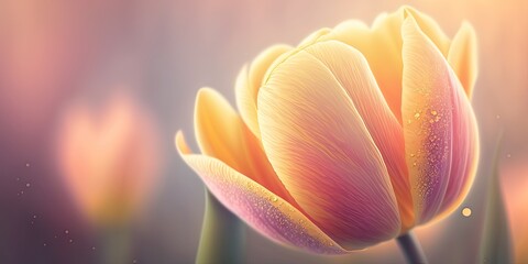 Closeup of Tulip Flower in Spring on Pastel Background with Copy Space for Text. Spring Theme. Generative AI.
