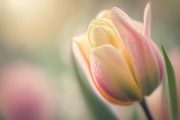 Closeup of Tulip Flower in Spring on Pastel Background with Copy Space for Text. Spring Theme. Generative AI.